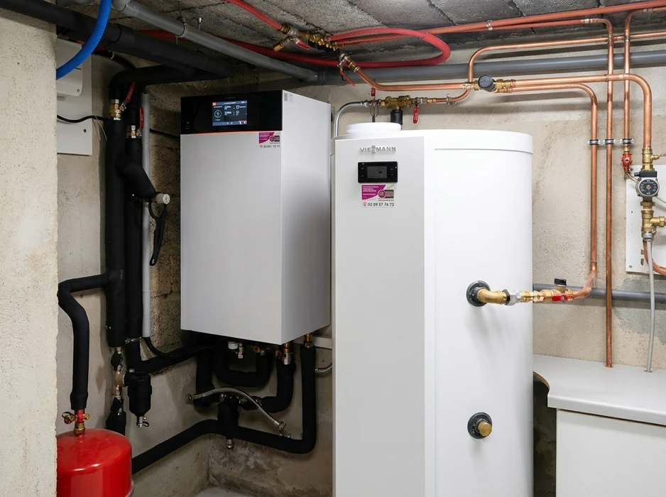 Chaufferie en sous-sol avec pompe à chaleur murale Viessmann Vitocal et ballon d'eau chaude sanitaire cylindrique blanc