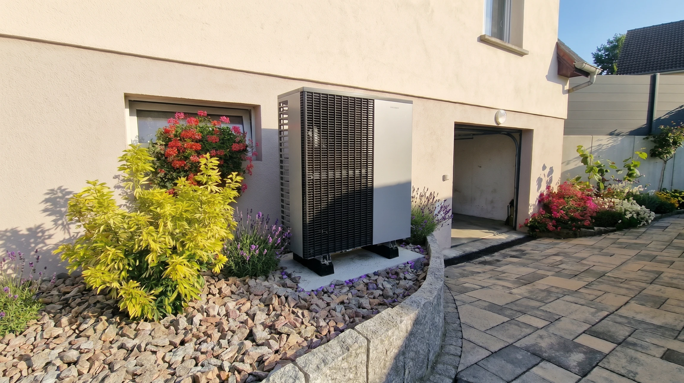 Photographie d'une pompe à chaleur air-air installée sur la façade extérieure d'une résidence, montrant l'unité compacte blanche ou grise fixée au mur d'une maison moderne avec jardin en arrière-plan par beau temps. La pompe à chaleur doit être clairement visible et bien définie, illustrant l'installation professionnelle d'un équipement de chauffage moderne et économe en énergie.