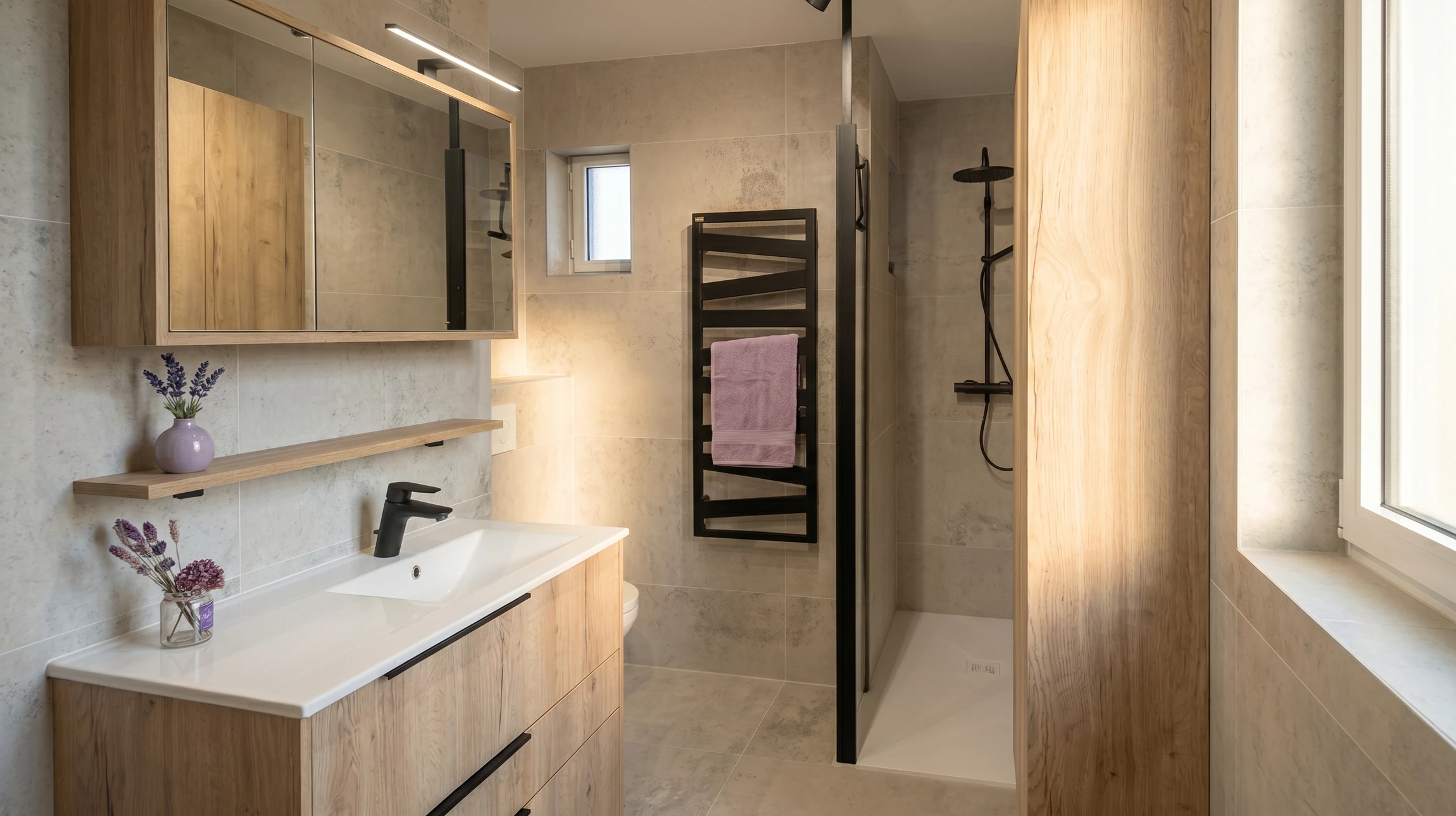Salle de bain moderne avec douche à l'italienne et baignoire encastrée